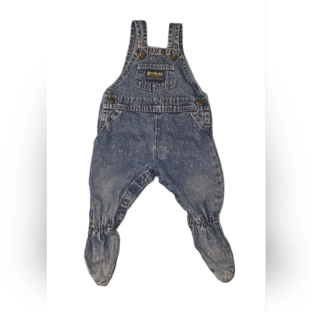 Vintage Oshkosh B'Gosh Kids Denim Footed Overalls Acid Wash 6-9 Months‎ 90s USA